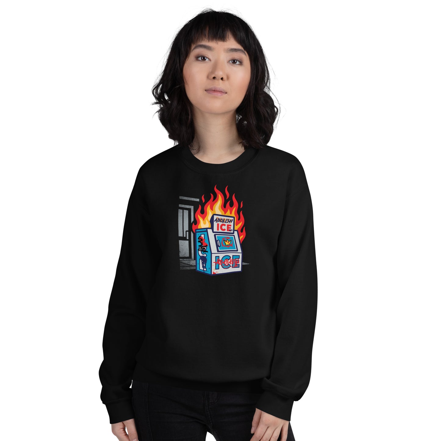 Model wearing black Abolish Ice Protest Crewneck Sweatshirt featuring fiery ICE machine graphic. Unisex political apparel for winter wear.