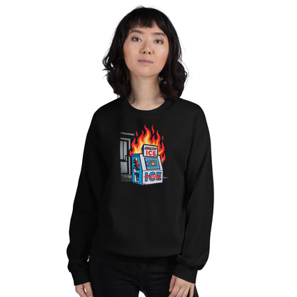 Model wearing black Abolish Ice Protest Crewneck Sweatshirt featuring fiery ICE machine graphic. Unisex political apparel for winter wear.