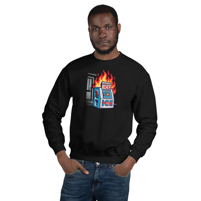 Man modeling black Abolish Ice Protest Crewneck Sweatshirt with protest-themed ICE machine design. Durable unisex pullover for colder months.