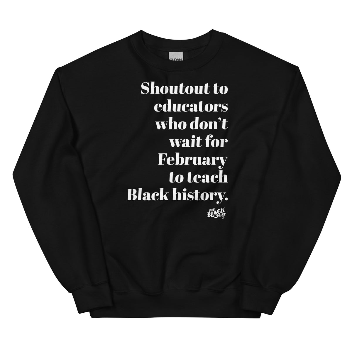 Black sweatshirt with bold white message supporting Black history teaching, worn by a man outdoors, made of cozy cotton material.