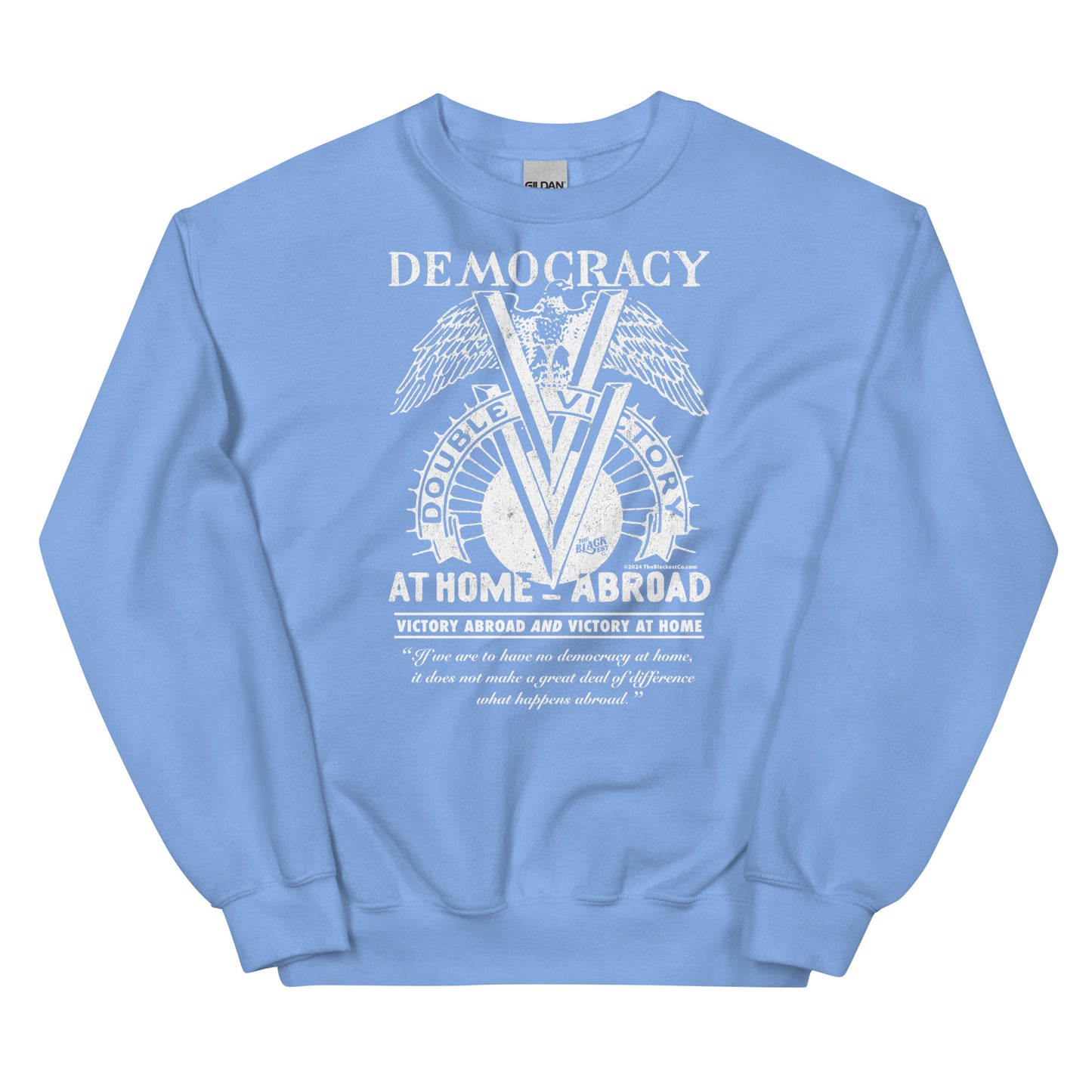 Light blue Double V Campaign WWII Black Soldiers Sweatshirt with vintage white print symbolizing the fight for democracy and racial justice.