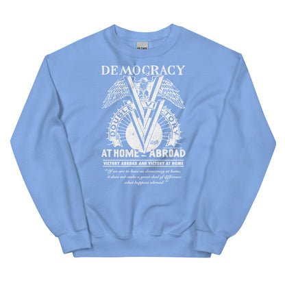 Light blue Double V Campaign WWII Black Soldiers Sweatshirt with vintage white print symbolizing the fight for democracy and racial justice.