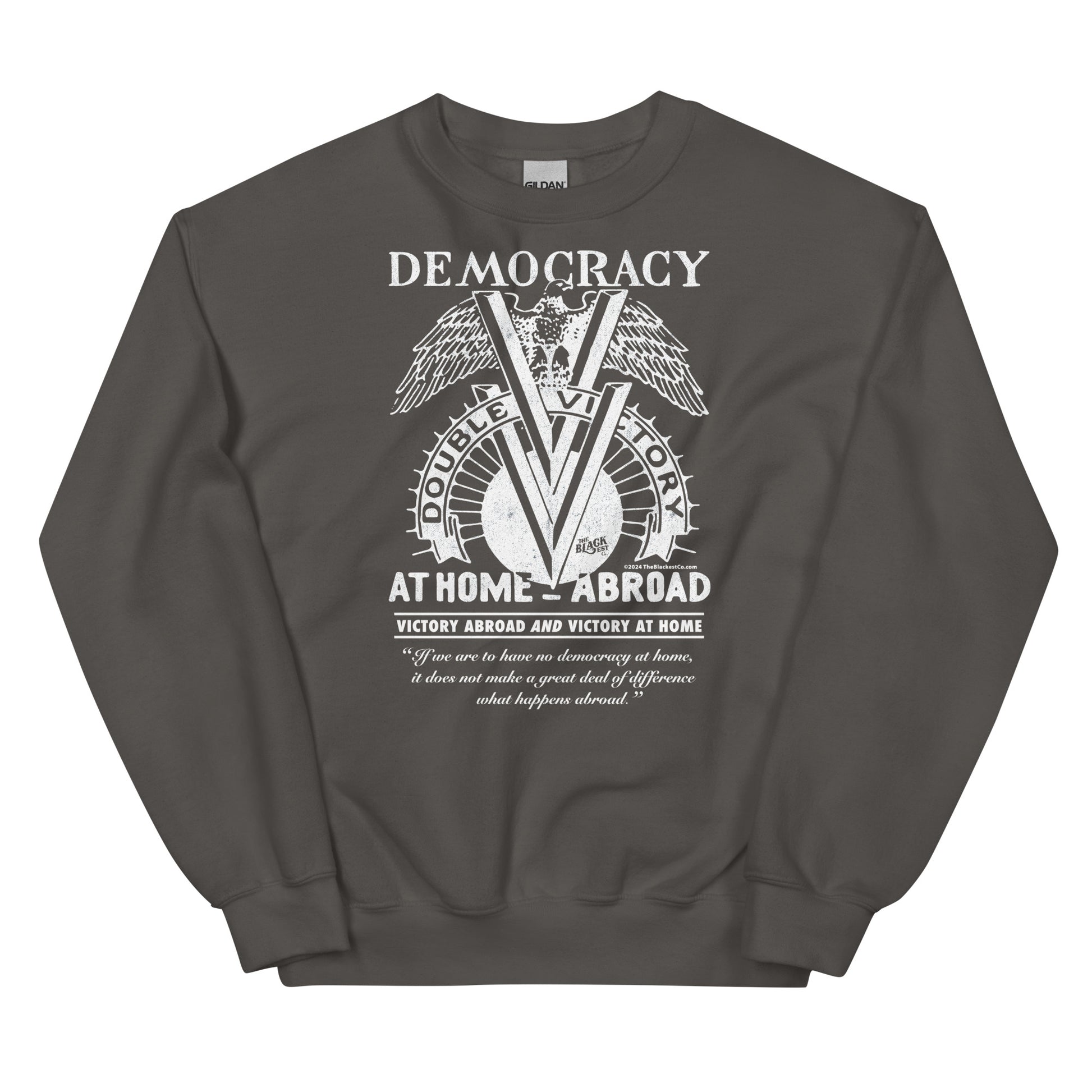 Dark brown Double V Campaign WWII Black Soldiers Sweatshirt with white emblematic print celebrating Black military history and civil rights.