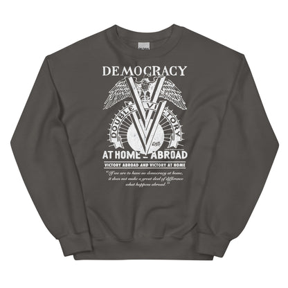 Dark brown Double V Campaign WWII Black Soldiers Sweatshirt with white emblematic print celebrating Black military history and civil rights.