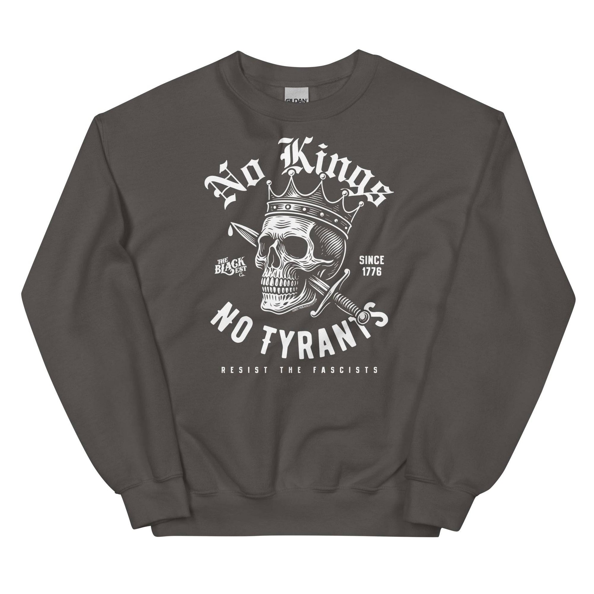 Charcoal No Kings No Tyrants Skull Protest Sweatshirt with white rebellious skull artwork, durable streetwear by TheBlackest Co.