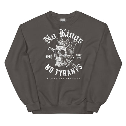 Charcoal No Kings No Tyrants Skull Protest Sweatshirt with white rebellious skull artwork, durable streetwear by TheBlackest Co.