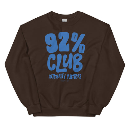 Brown 92% Club Integrity Matters Sweatshirt by TheBlackest Co. featuring bold blue text, combining warmth and style for cooler days.