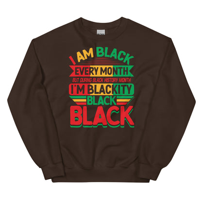 Blackity Black Black History Month Sweatshirt by TheBlackest Co in brown with bold red, green, and yellow text design celebrating Black pride.