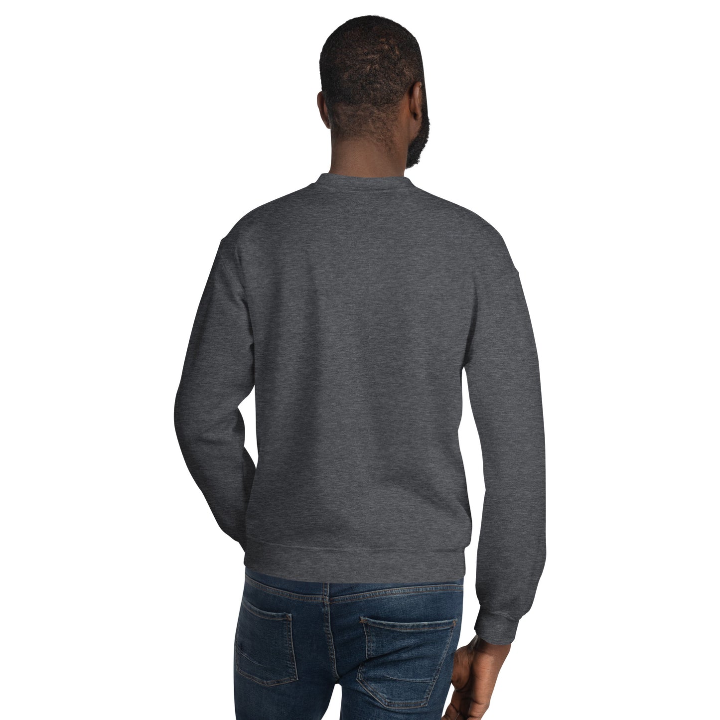 man showing back of dark grey sweatshirt with white text reading harlem hellfighters