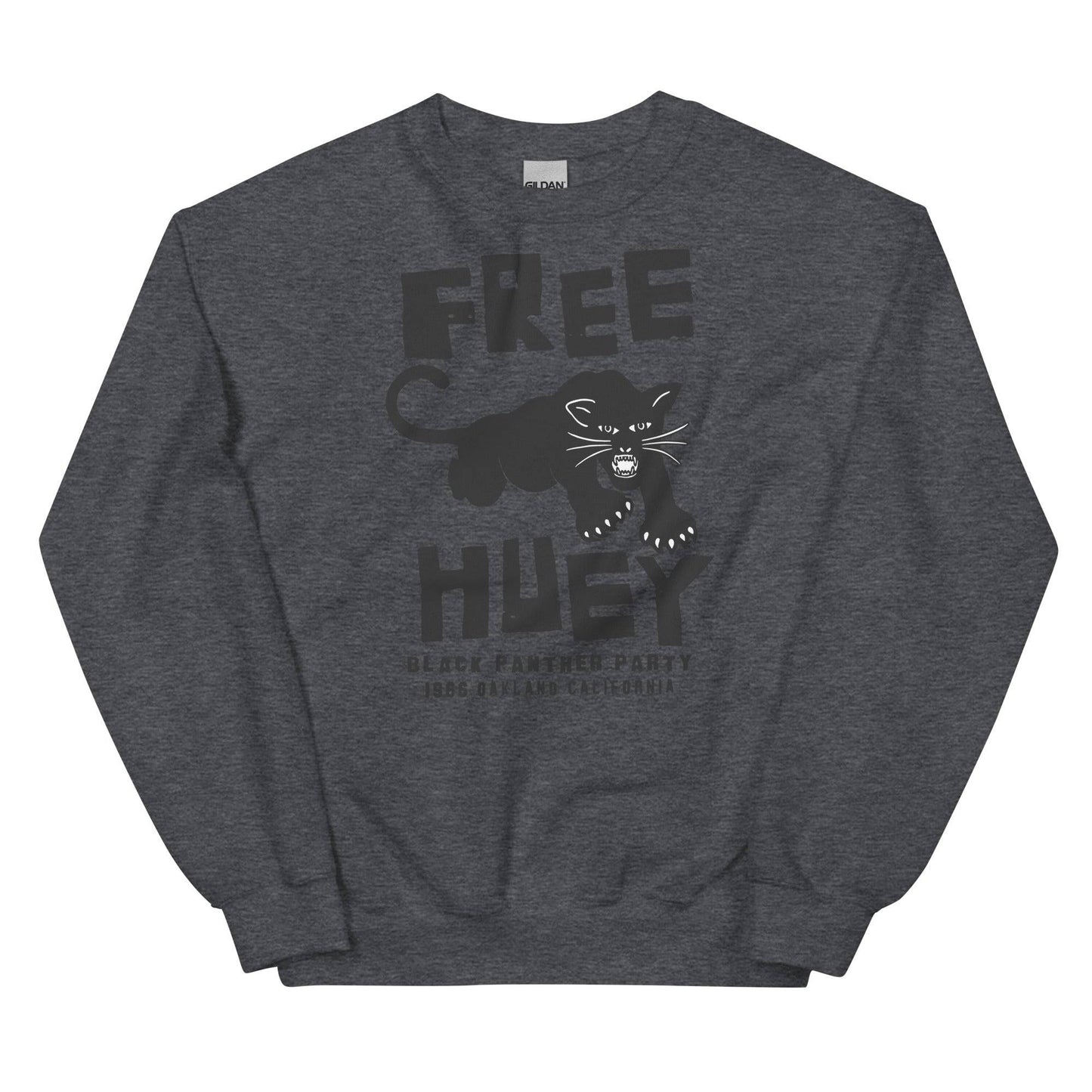 a dark grey sweatshirt with a black panther on it and says free huey