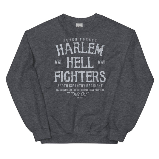 dark grey sweatshirt with white text reading harlem hellfighters