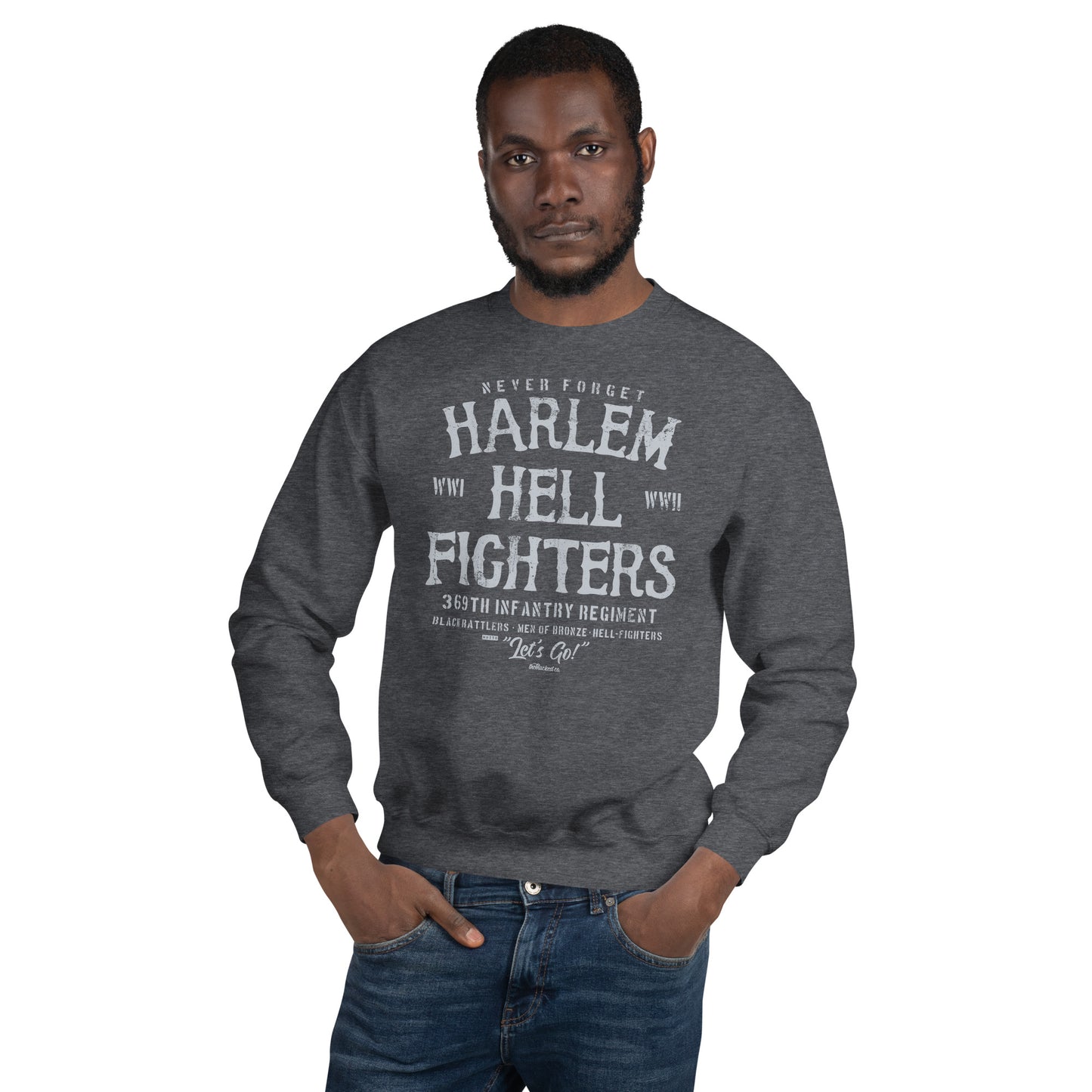 man wearing dark grey sweatshirt with white text reading harlem hellfighters
