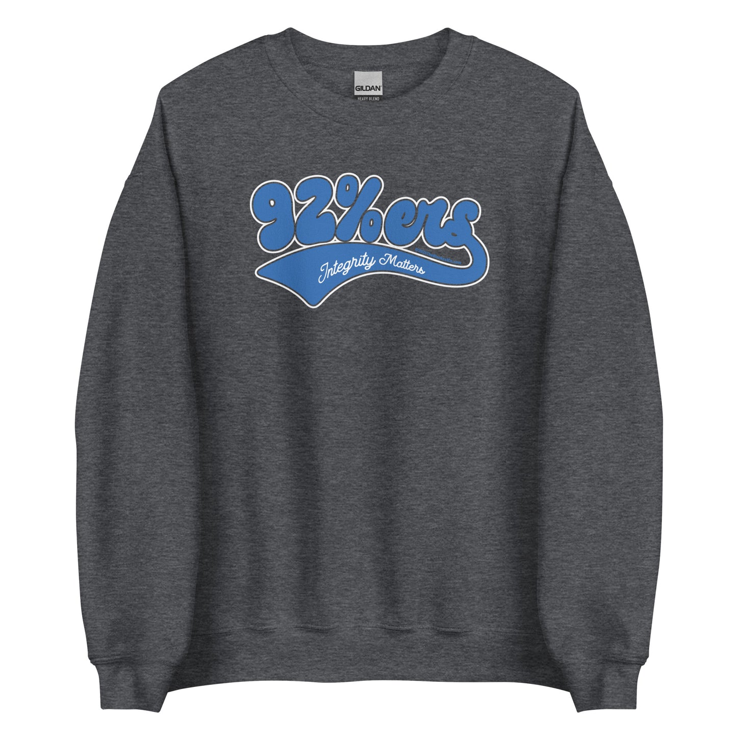 Charcoal gray 92%ers Integrity Matters Sweatshirt by TheBlackest Co., featuring bold blue text design. Durable and ideal for cold weather.