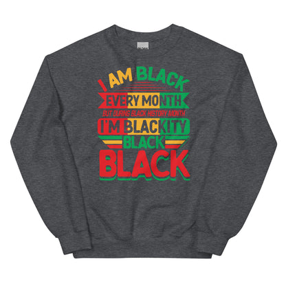 Blackity Black Black History Month Sweatshirt by TheBlackest Co in dark heather gray with bold red, green, and yellow text design celebrating Black pride.