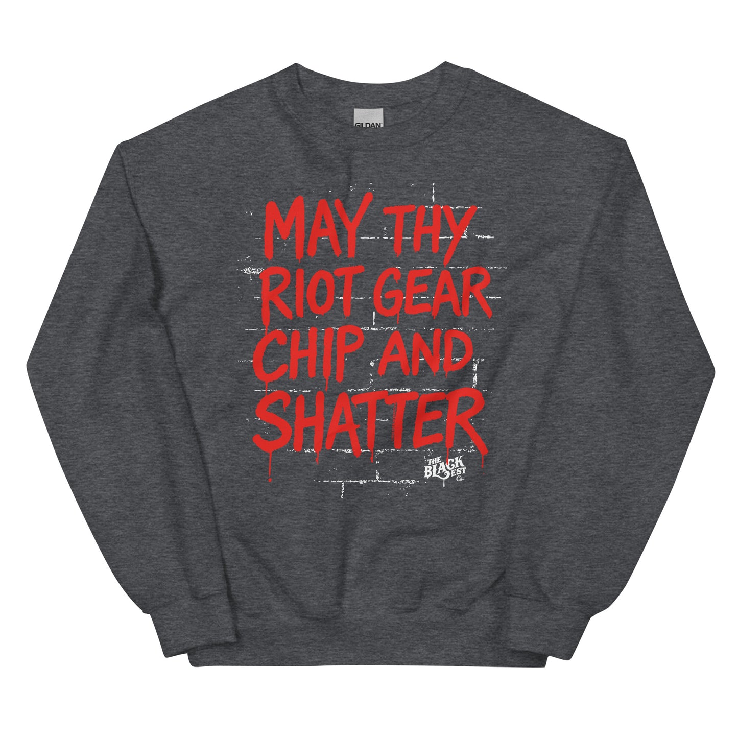 Dark heather gray May Thy Riot Gear Chip And Shatter Unisex Sweatshirt with red protest print, perfect for cold weather and activism.