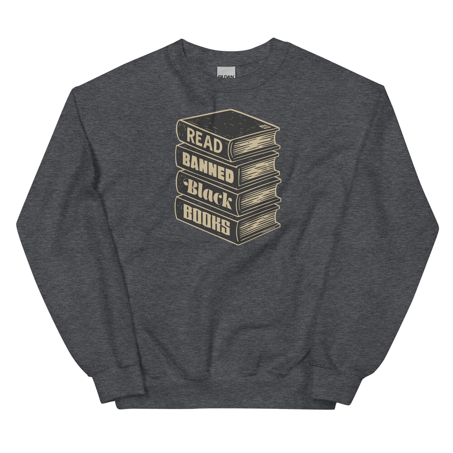 Charcoal gray Read Banned Black Books unisex crewneck sweatshirt with vintage book stack print, great for winter and activism wear.
