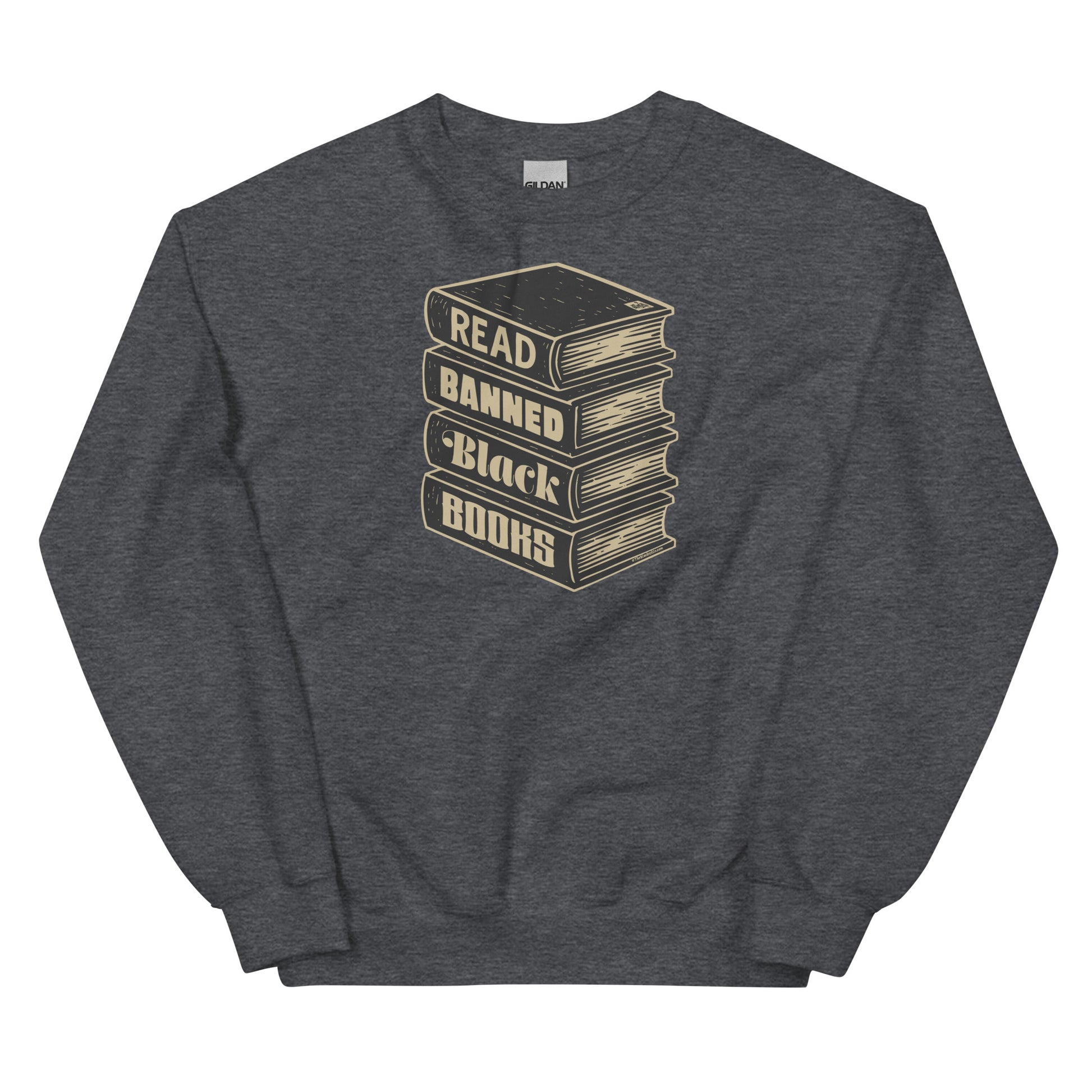 Charcoal gray Read Banned Black Books unisex crewneck sweatshirt with vintage book stack print, great for winter and activism wear.
