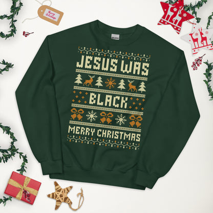 Green Jesus Was Black Merry Christmas Unisex Sweatshirt by TheBlackest Co. styled flat lay with festive holiday decor, ideal for gifting.