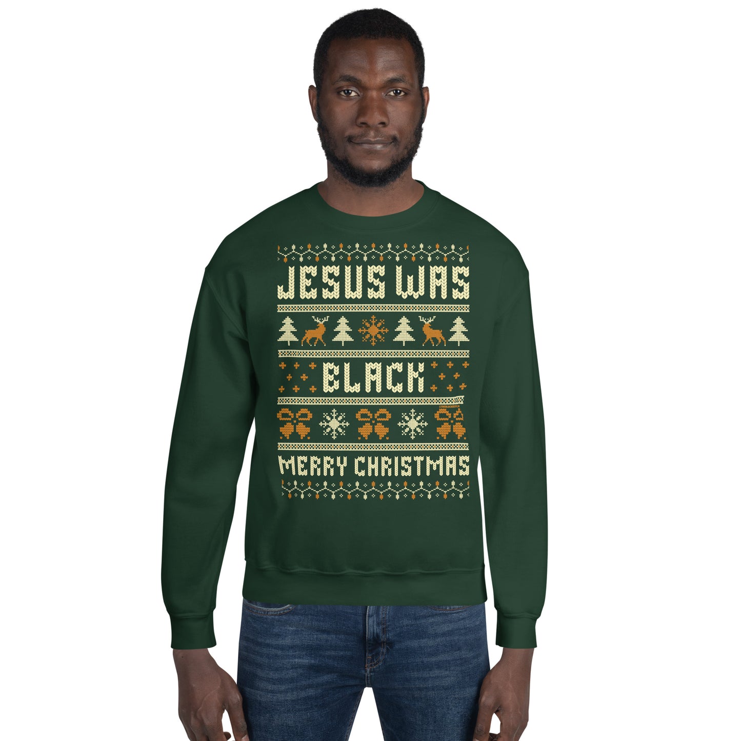 Man modeling green Jesus Was Black Merry Christmas Unisex Sweatshirt by TheBlackest Co., perfect for winter and Christmas celebrations.