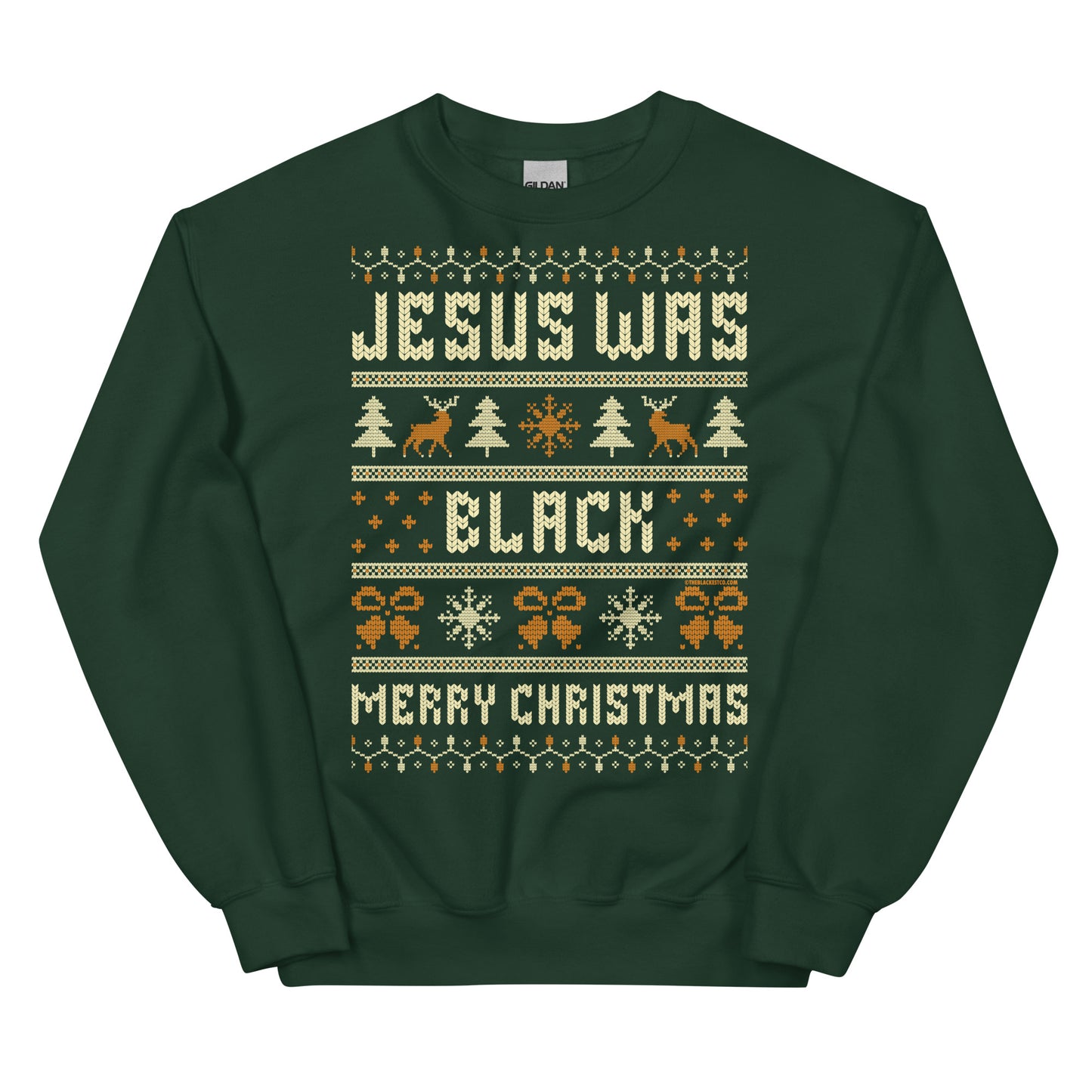 Green Jesus Was Black Merry Christmas Unisex Sweatshirt by TheBlackest Co. with bold holiday-themed print, ideal for winter fashion.