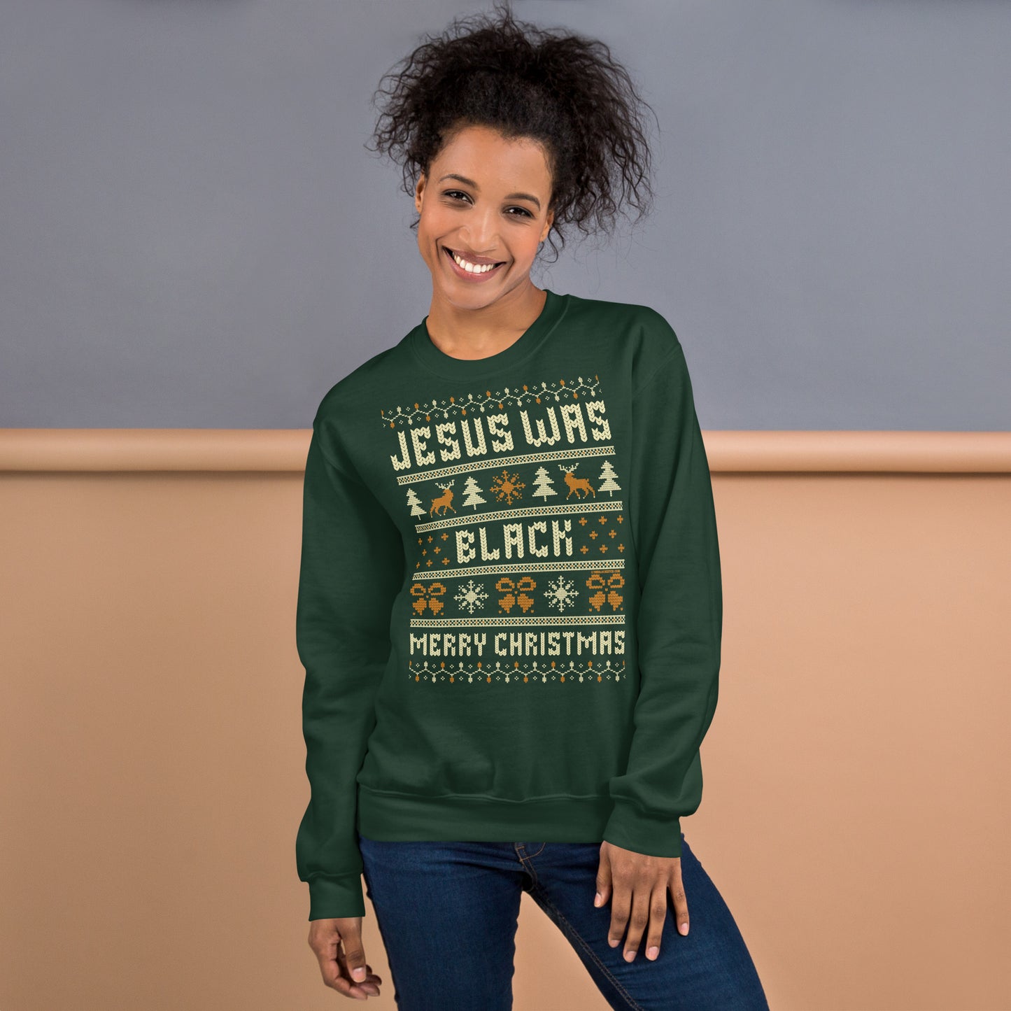Woman wearing green Jesus Was Black Merry Christmas Unisex Sweatshirt by TheBlackest Co., cozy and bold holiday apparel statement.