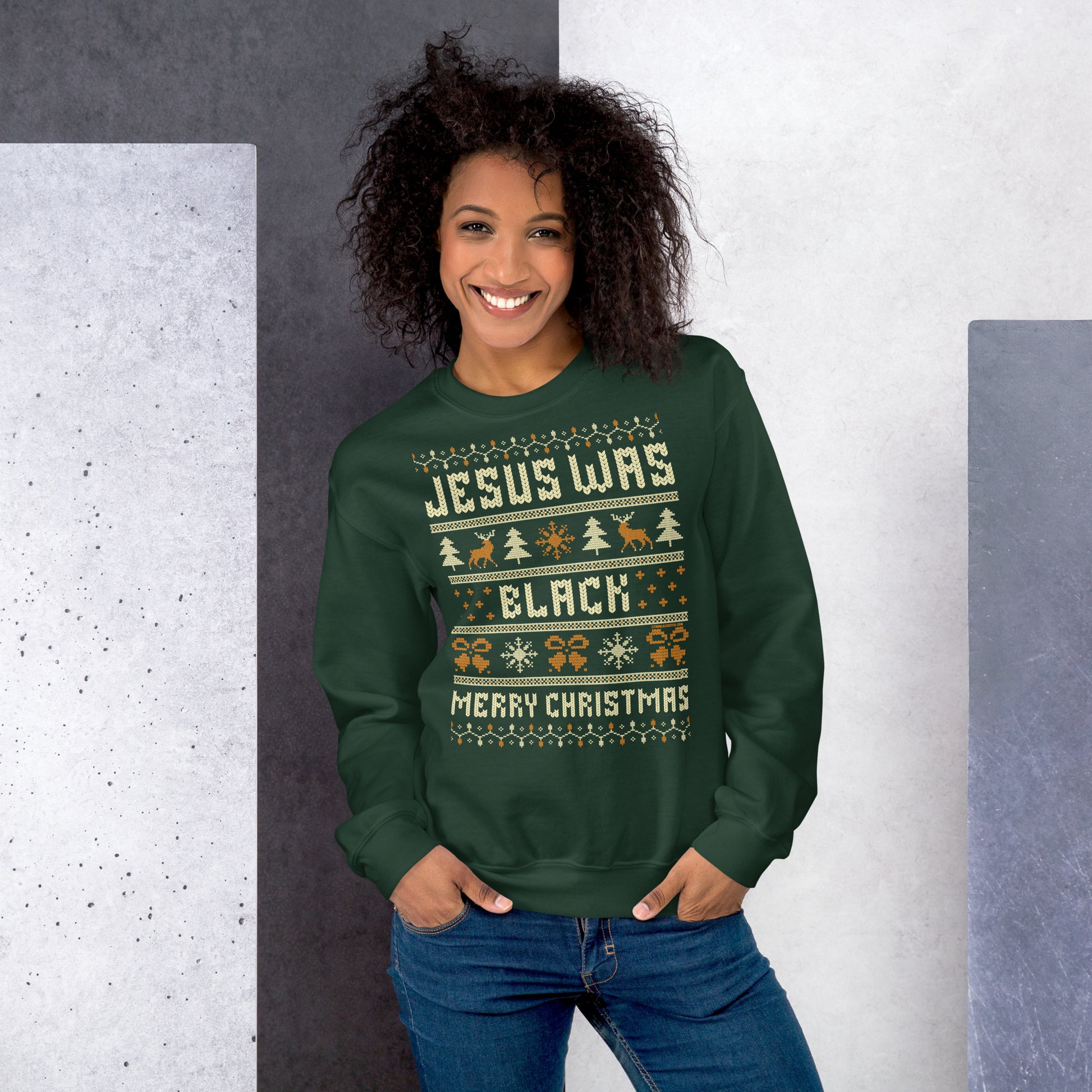Happy woman in green Jesus Was Black Merry Christmas Unisex Sweatshirt by TheBlackest Co., casual and warm holiday pullover.