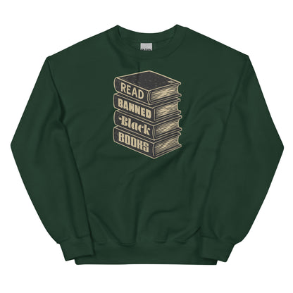 Forest green Read Banned Black Books unisex crewneck sweatshirt with stacked book design, ideal for educational gift ideas.