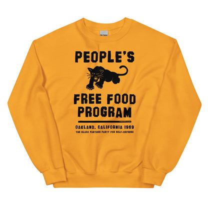 People's Free Food Program Unisex Sweatshirt in vibrant yellow, featuring bold black text and a panther graphic. A stylish tribute to the Black Panther Party’s historic initiative.