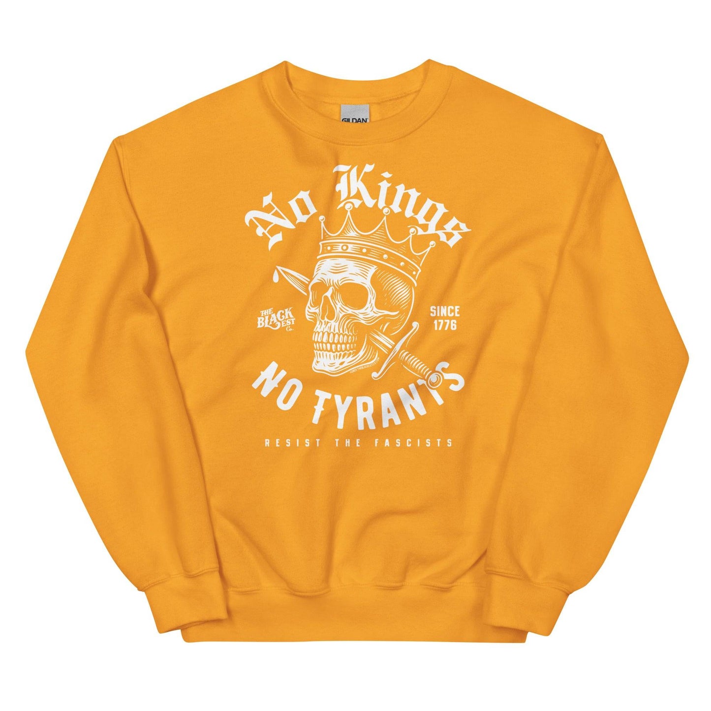 Gold No Kings No Tyrants Skull Protest Sweatshirt with white skull and sword print, statement streetwear by TheBlackest Co.