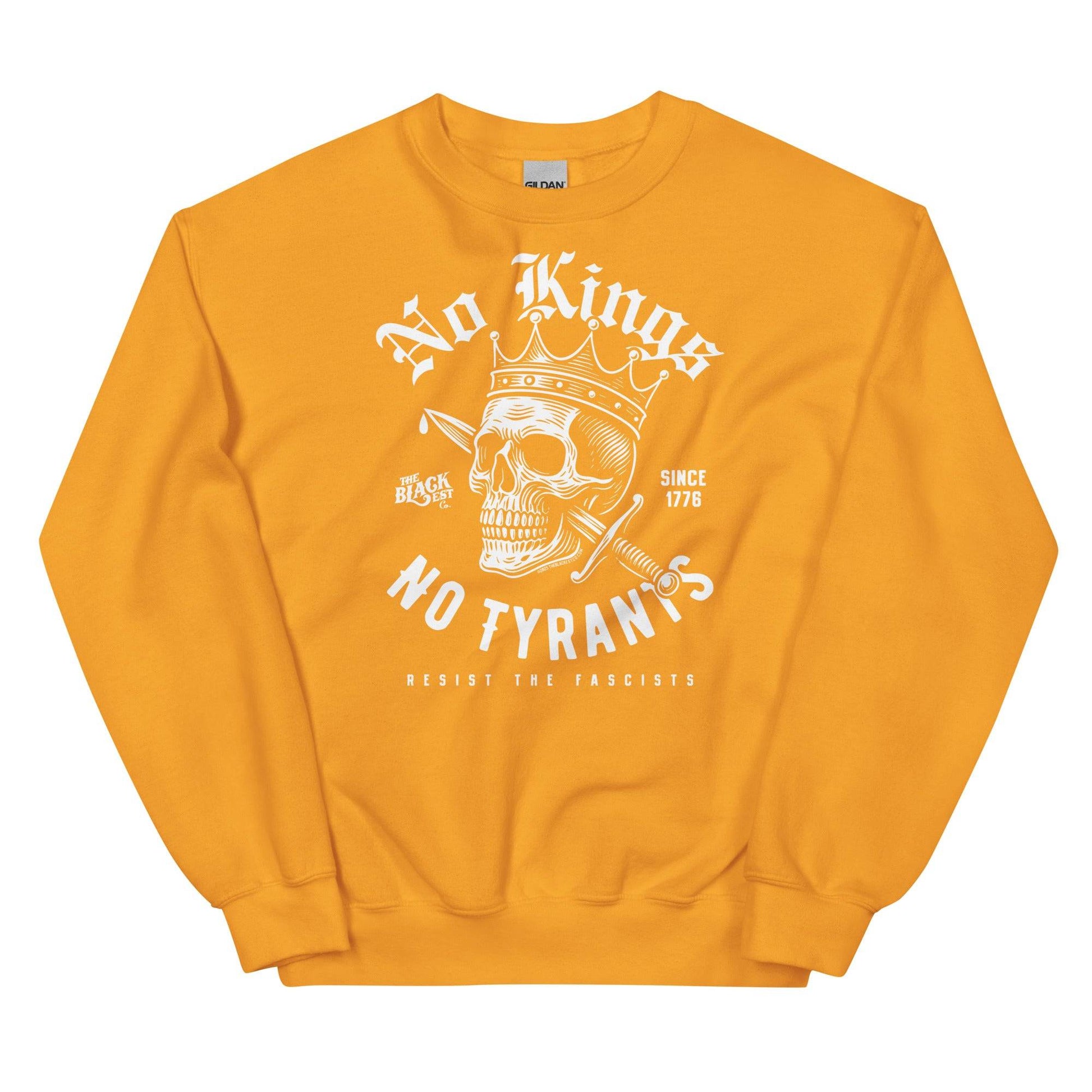 Gold No Kings No Tyrants Skull Protest Sweatshirt with white skull and sword print, statement streetwear by TheBlackest Co.