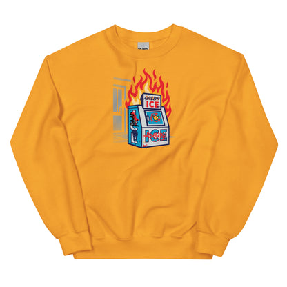 Gold Abolish Ice Protest Crewneck Sweatshirt with striking protest graphic. Unisex political apparel for winter, designed and printed in USA.
