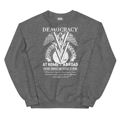 Dark heather gray Double V Campaign WWII Black Soldiers Sweatshirt with bold white design honoring Black soldiers' WWII Double V effort.