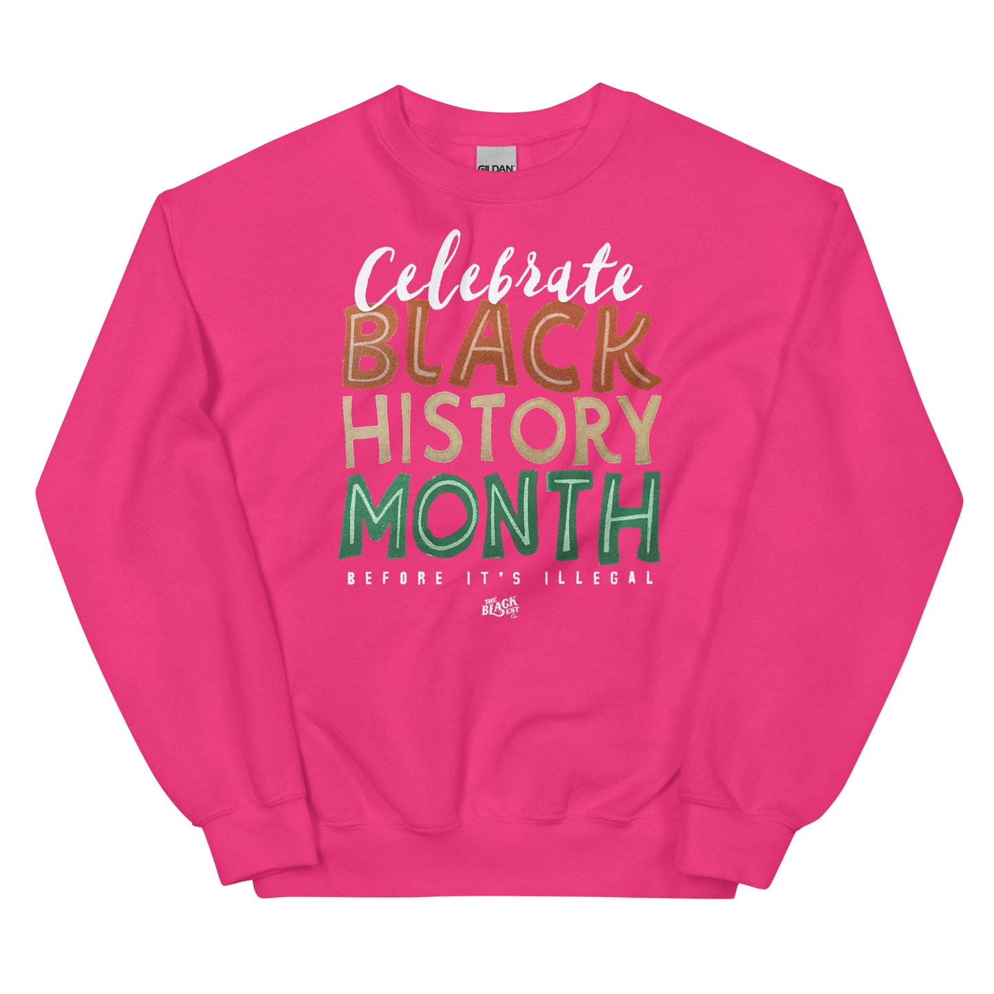 Pink sweatshirt featuring 'Celebrate Black History Month Before It’s Illegal' text in bold multicolored lettering. Vibrant and cozy design.