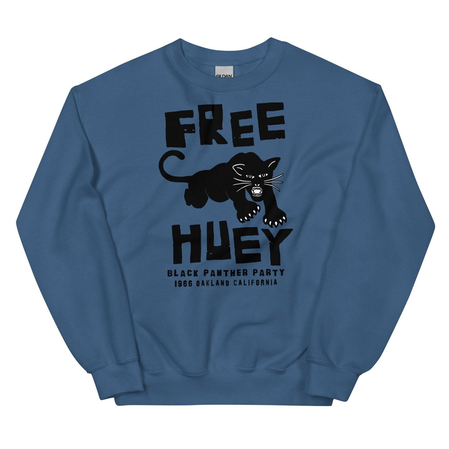 a blue sweatshirt with a black panther on it and says free huey