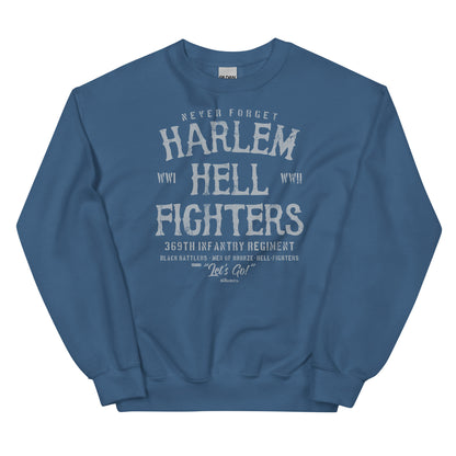 denim blue sweatshirt with white text reading harlem hellfighters