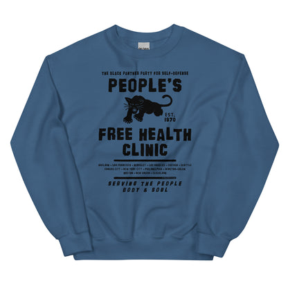 Teal unisex sweatshirt with People's Free Health Clinic design