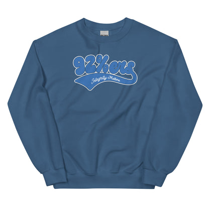 Steel blue 92%ers Integrity Matters Sweatshirt by TheBlackest Co., with a bold blue text design. Soft and cozy for cooler days.