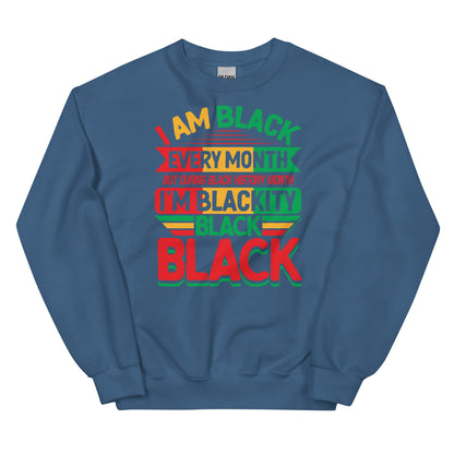 Blackity Black Black History Month Sweatshirt by TheBlackest Co in blue with bold red, green, and yellow text design celebrating Black pride.