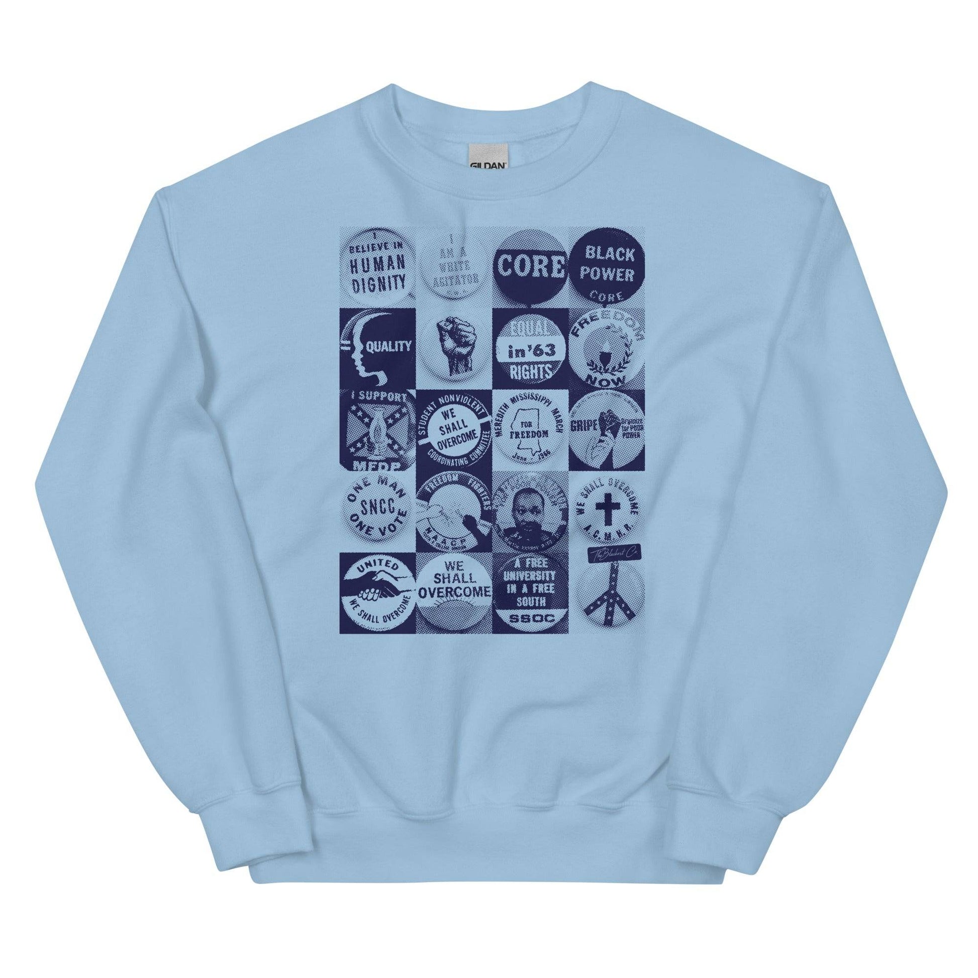a blue sweatshirt with a bunch of civil rights buttons graphics on it