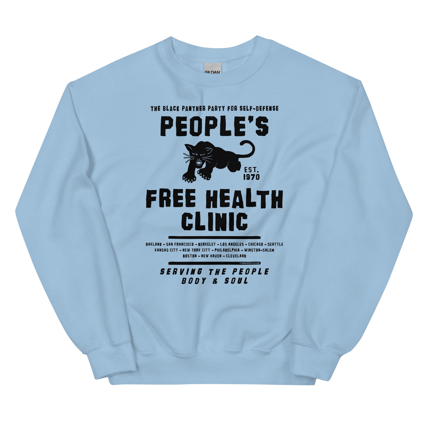 Light blue unisex sweatshirt with People's Free Health Clinic design