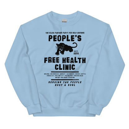 Light blue unisex sweatshirt with People's Free Health Clinic design