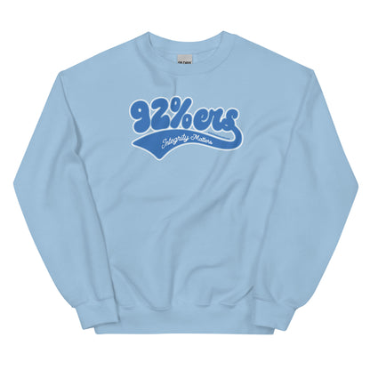 Light blue 92%ers Integrity Matters Sweatshirt by TheBlackest Co., featuring a bold blue text design. Perfect for casual wear and layering.