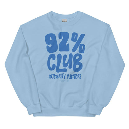 Light blue 92% Club Integrity Matters Sweatshirt by TheBlackest Co. featuring bold blue text, offering a soft and cozy fit.