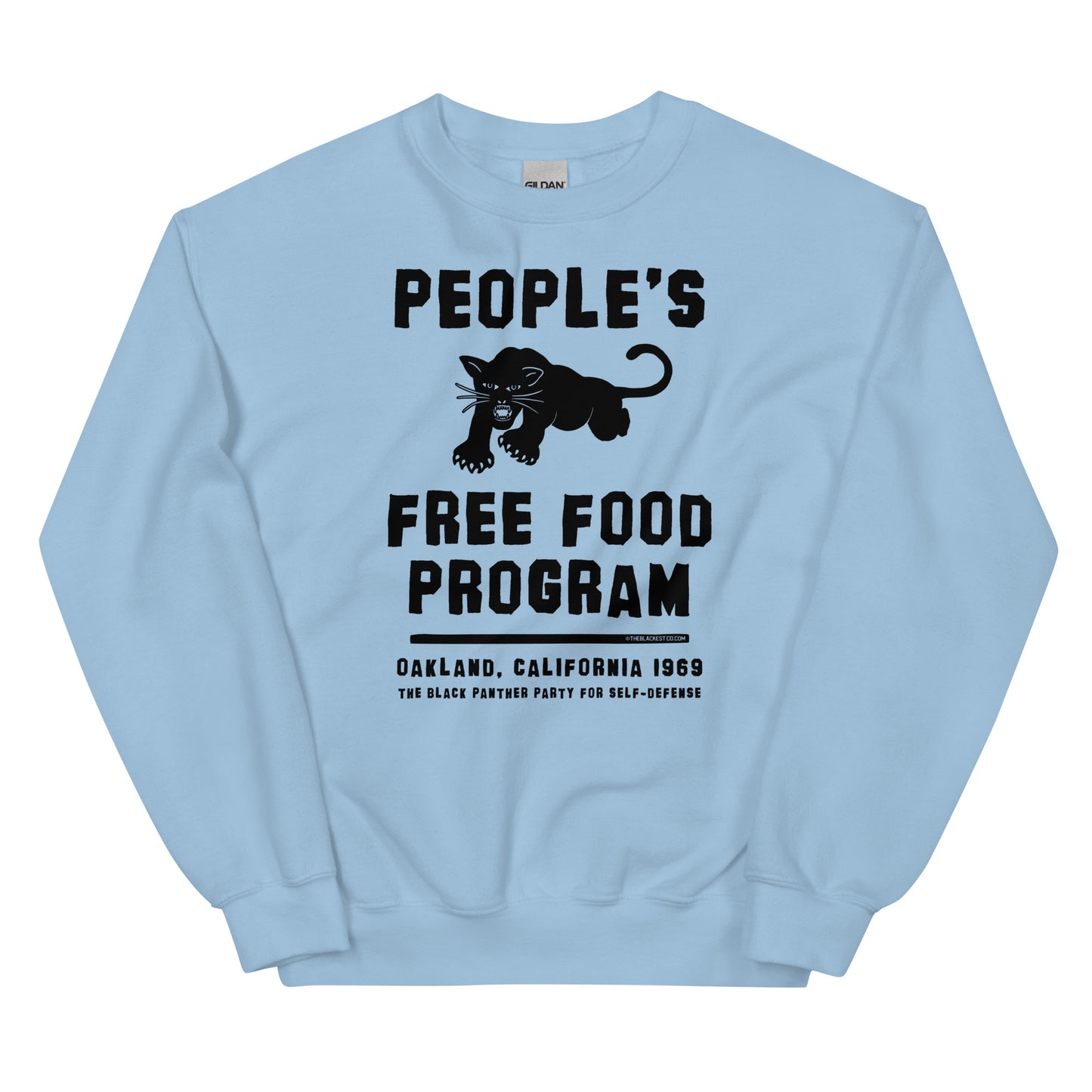 People's Free Food Program Unisex Sweatshirt in light blue, featuring bold black text and a panther graphic. A tribute to the Black Panther Party's community efforts.