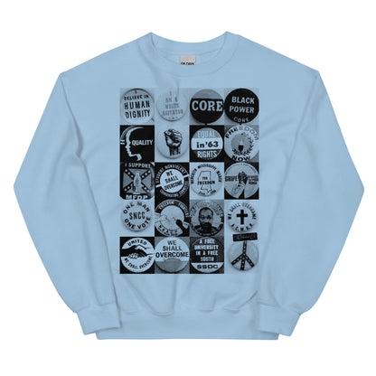 Light blue Civil Rights Button Sweatshirt with historic protest pin collage. Warm, soft unisex pullover perfect for honoring civil rights legacy.
