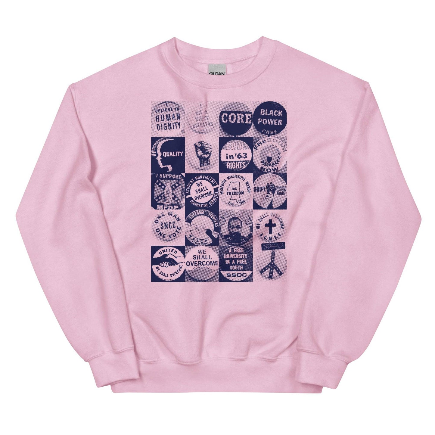 a pink sweatshirt with various civil rights buttons graphics on it
