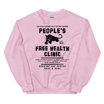 Pink unisex sweatshirt with People's Free Health Clinic design