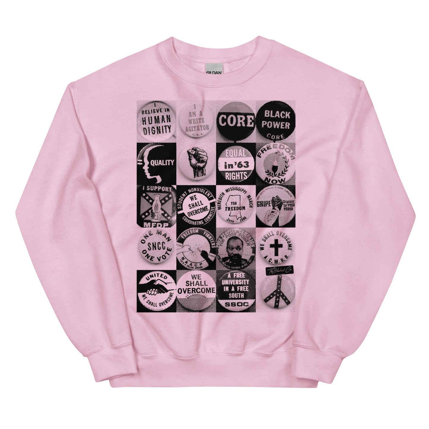 Pink Civil Rights Button Sweatshirt with empowering civil rights pin design. Classic fit unisex pullover perfect for bold, cozy fashion statements.