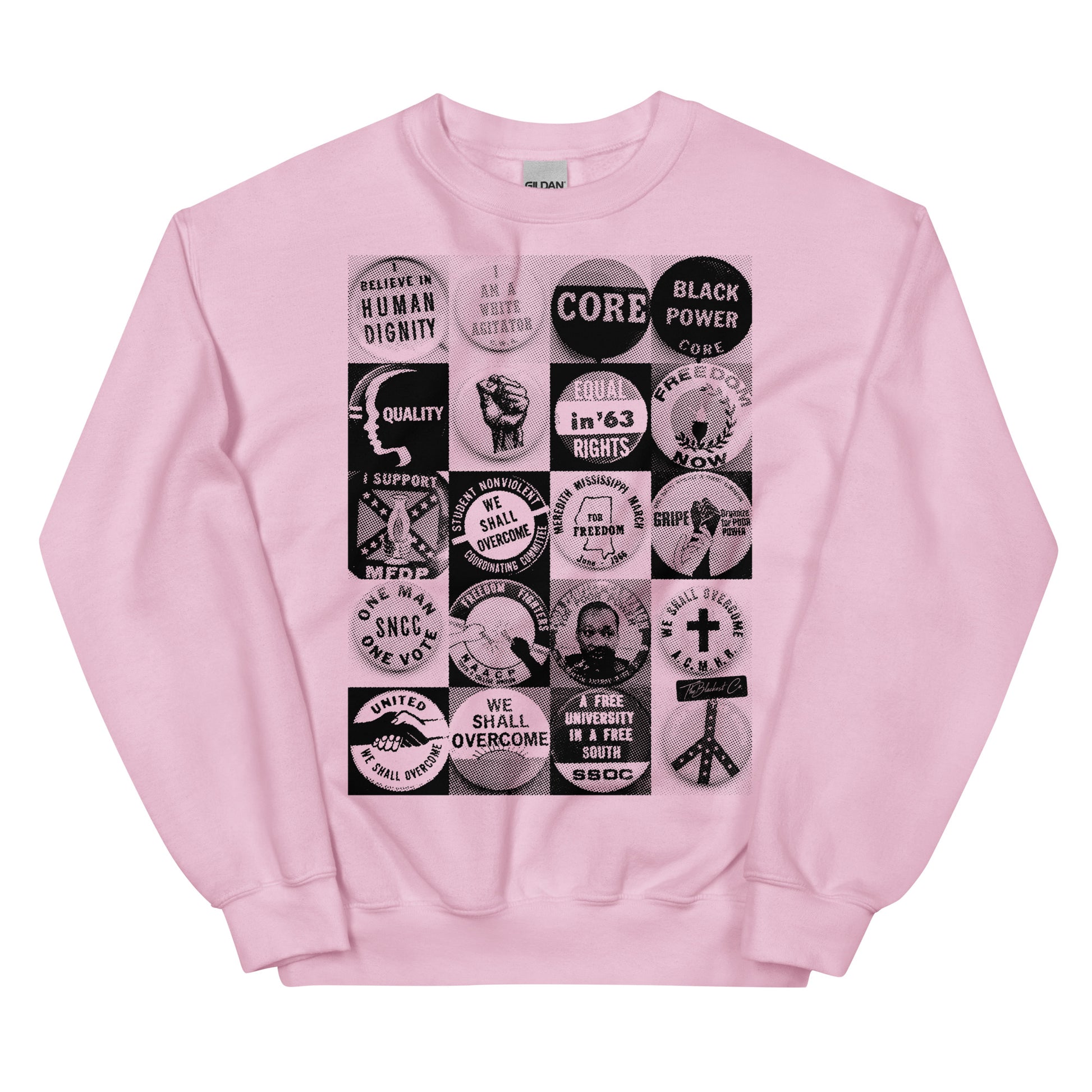 Pink Civil Rights Button Sweatshirt with empowering civil rights pin design. Classic fit unisex pullover perfect for bold, cozy fashion statements.