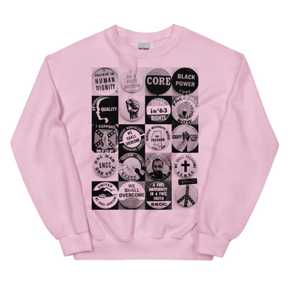 Pink Civil Rights Button Sweatshirt with empowering civil rights pin design. Classic fit unisex pullover perfect for bold, cozy fashion statements.